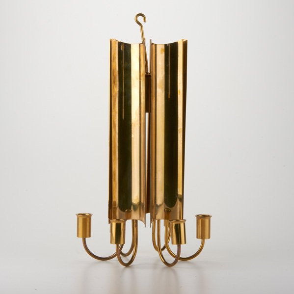 PIERRE FORSELL; SKULTANA: Six-arm hanging chandelier, Sweden, ca. 1950s; Brass; Crown mark, artist's signature; 17" x 9" x 7 3/4"