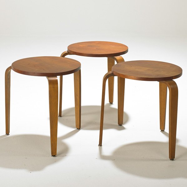 DANISH: Set of three walnut nesting tables, 1960s; Unmarked; Stacked: 20" x 19" dia.