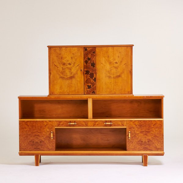 SCANDINAVIAN: Bar cabinet, 1950s; Birch, maple burl, exotic wood inlays, plastic wood, copper; Decal label AASE Mobler; 58" x 70" x 12"