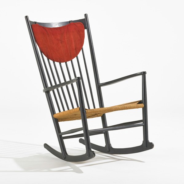 HANS WEGNER: Rocking chair, Denmark, 1970s Painted beech and jute; Stamped; 41 1/2" x 25 1/4" x 36"