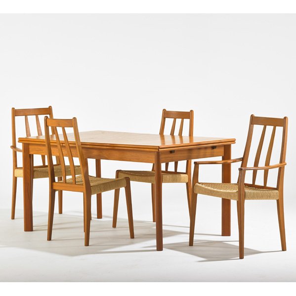 BRDR FURBO: Draw-leaf dining table and four chairs, two arm-, two side-, Denmark, 1980s; Teak, paper cord; Stamped mark; Table: 29" x 57" x 35 1/2" , armchair: 36" x 20" x 20"