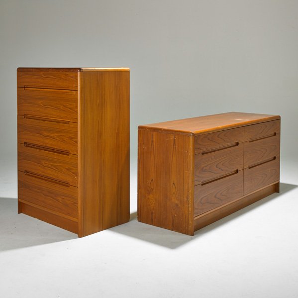 CHRISTIAN LINNEBEG: Two teak dressers, 1970s; Foil label: A/S CHR. LINNEBERG; Taller: 47" x 31" x 19 3/4", shorter: 29" x 61" x 19 3/4"