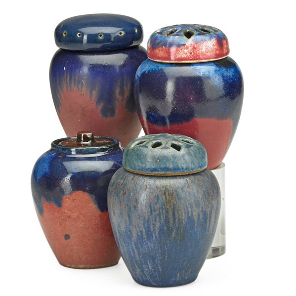 FULPER Four Pot-pourri Jars: FULPER Four potpourri jars, Flemington, NJ, 1910-1920; All marked; 4 3/4" x 3 1/2"