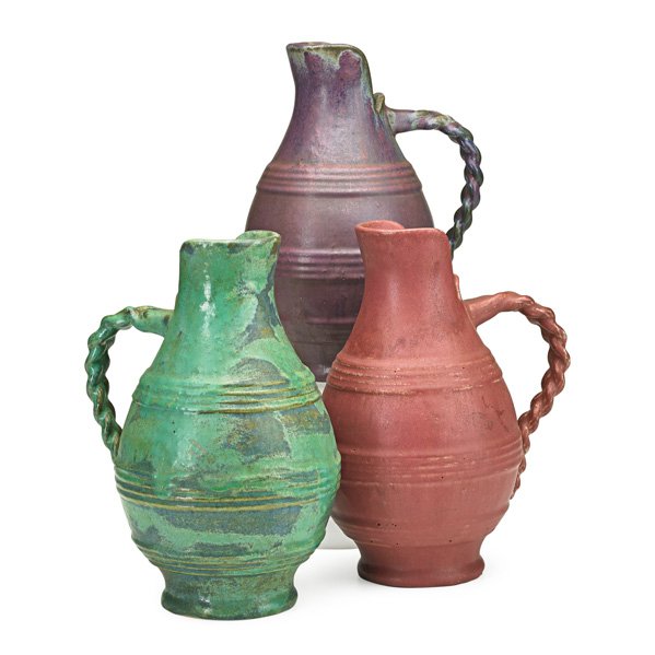 FULPER Three Norman Flower Flagons: FULPER Three Norman Flower Flagons, Flemington, NJ, 1916-1922; All with incised racetrack mark (some obscured by glaze); 10 1/2" x 7 1/2"