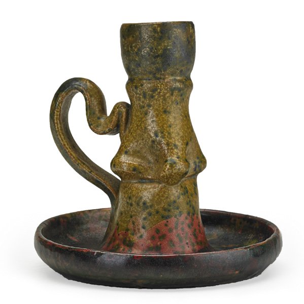 GEORGE OHR Chamberstick w/ ear handle: GEORGE OHR (1857 - 1918) Chamberstick, ochre, raspberry, and purple sponged-on glaze, Biloxi, MS, 1898-1910; Script signature; 4" x 4 1/4"