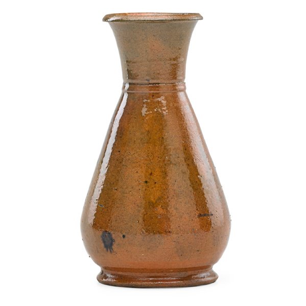 GEORGE OHR Tall baluster vase, orange/ochre: GEORGE OHR (1857 - 1918) Tall baluster vase with clear overglaze, Biloxi, MS, 1880-1910; Incised OHR BILOXI; 7" x 4"