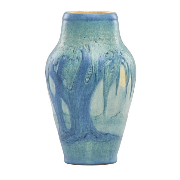 A.F. SIMPSON; NEWCOMB COLLEGE Tall vase w/ oaks: ANNA FRANCES SIMPSON (d. 1930) NEWCOMB COLLEGE Tall vase decorated with live oaks, Spanish moss, and full moon, New Orleans, LA, 1922; NC/MK21/161/JM/artist's cipher; 8 1/2" x 5" Provenance: Rago Auct