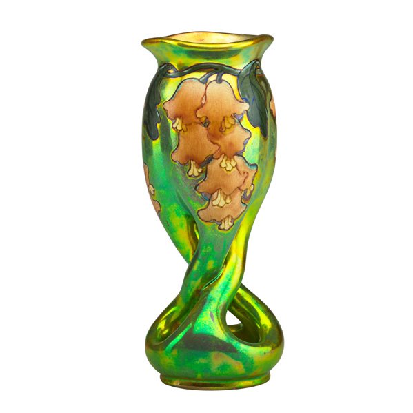 ZSOLNAY Vase w/ bell flowers: JOZSEF RIPPL-RONAI (1861 - 1927) ZSOLNAY Vase with open twisted base and decorated with bell flowers, eosin glaze, Pecs, Hungary, ca. 1900; Five churches medallion, M23/6181; 9" x 3 3/4"