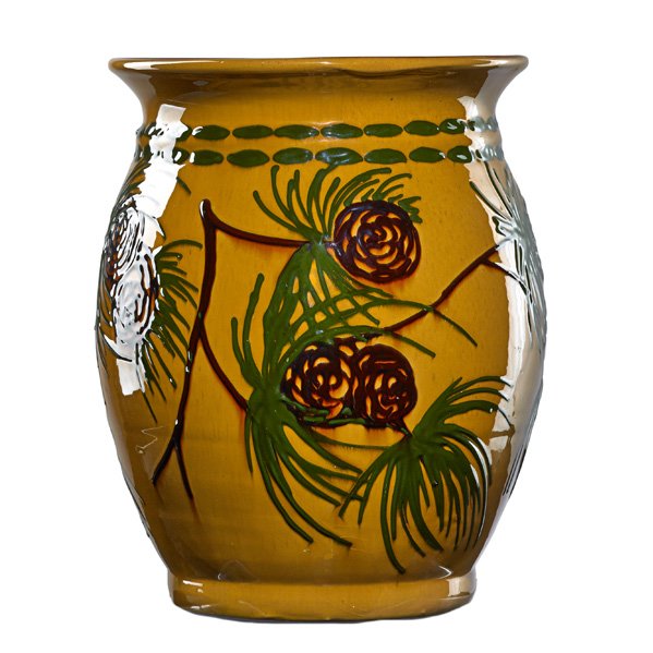 MAX LAEUGER Vase with pine cones: MAX LAEUGER (1864 - 1952) KTK Glazed earthenware vase squeezebag-decorated with pine cones, Germany, 1890s; Incised P./KTK/861; 10" x 8"