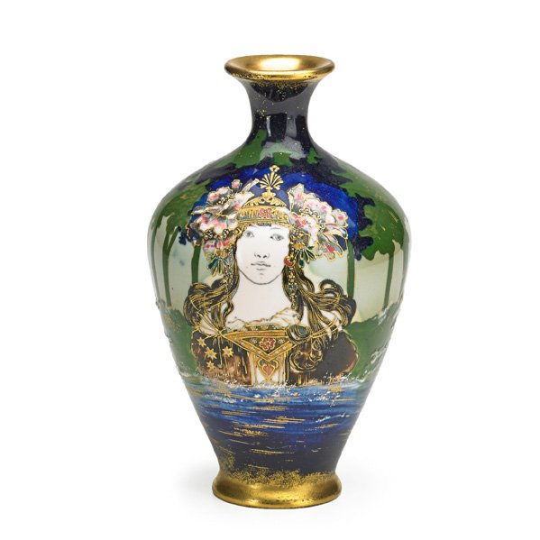 RSTK Vase with maiden: RIESSNER, STELLMACHER & KESSEL Amphora porcelain vase enamel-decorated with maiden, Turn-Teplitz, Bohemia, ca. 1900; Red RSTK stamp/471/15; 8 1/4" x 5"