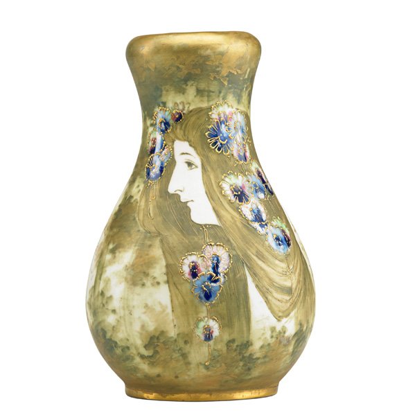 RSTK Amphora vase: RIESSNER, STELLMACHER & KESSEL Amphora porcelain vase enamel-decorated with maiden and blossoms, Turn-Teplitz, Bohemia, ca. 1905; Red stamp, Amphora stamp/663/516/MR/HS; 7 3/4" x 4 3/4"