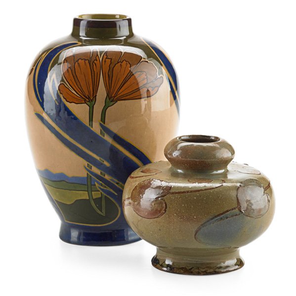 JOHANN VON SCHWARZ; DISTEL Two vases: CARL SIGMUND LUBER (1868 - 1934) JOHANN VON SCHWARZ PLATEELBAKKERIJ DE DISTEL Two glazed earthenware vases: taller by Carl Luber for Johann Von Schwarz, Nuremberg, Germany, and shorter by Distel, Amst