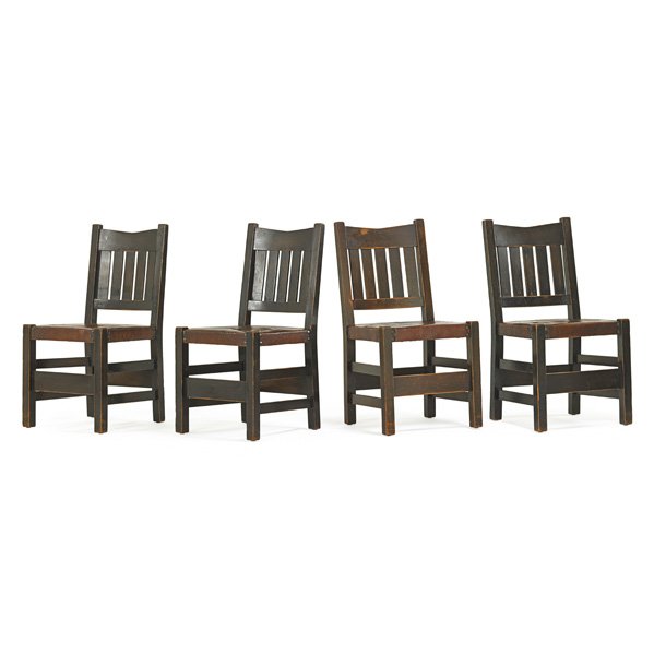 GUSTAV STICKLEY Four V-back chairs: GUSTAV STICKLEY Set of four V-back dining chairs, Eastwood, NY, ca. 1912; Branded signatures; 35 1/2" x 18 3/4" x 17"