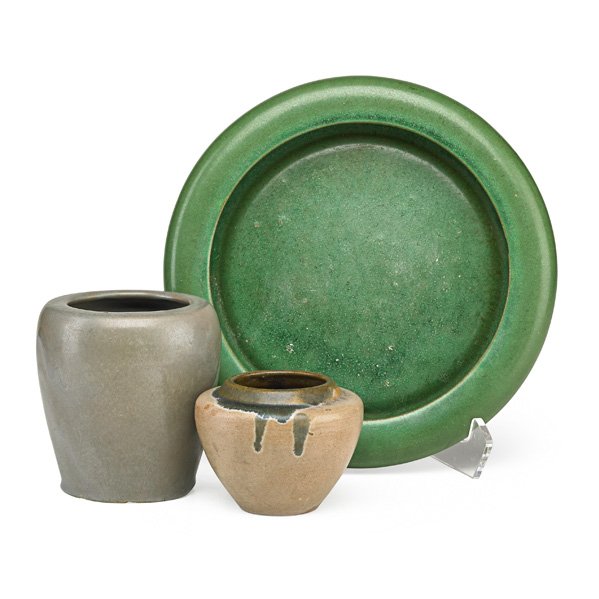 FREDERICK H. RHEAD; AREQUIPA Three vessels: FREDERICK H. RHEAD (1880 - 1942) AREQUIPA RHEAD (Santa Barbara) Three glazed earthenware vessels: squat green bowl and small vase by Arequipa, matte gray vase by Rhead Santa Barbara; All marked; Bowl: