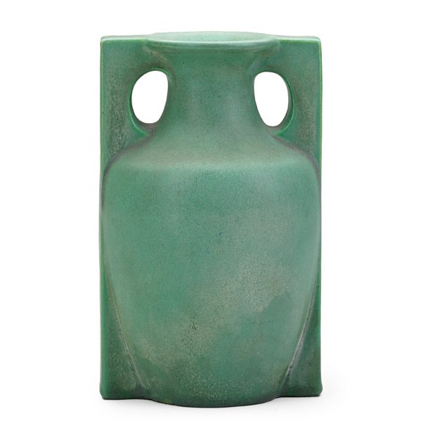 TECO Buttressed vase: TECO Buttressed vase, matte-green glaze, Terra Cotta, IL, ca. 1905; Stamped Teco twice; 7" x 4"