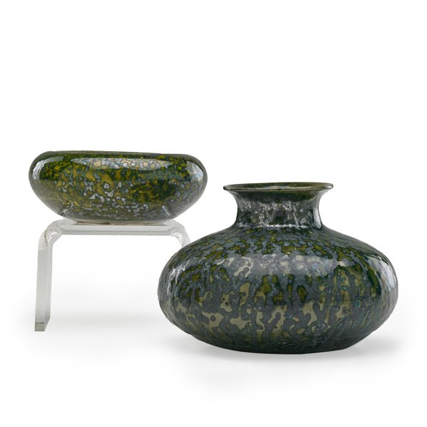 GEORGE OHR Two small vessels: GEORGE OHR (1857 - 1918) Two small vessels, speckled green and gunmetal glaze, Biloxi, MI, 1892-1910; Smaller stamped GEO. E. OHR BILOXI, script signature to larger; Larger: 3" x 4" Provenance: Sotheb