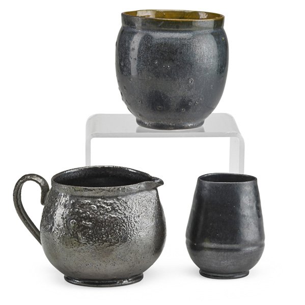 GEORGE OHR Three vessels: GEORGE OHR (1857 - 1918) Three vessels, gunmetal and green glazes, Biloxi, MS, 1895-1900; All stamped; Largest: 3 3/4" x 4"