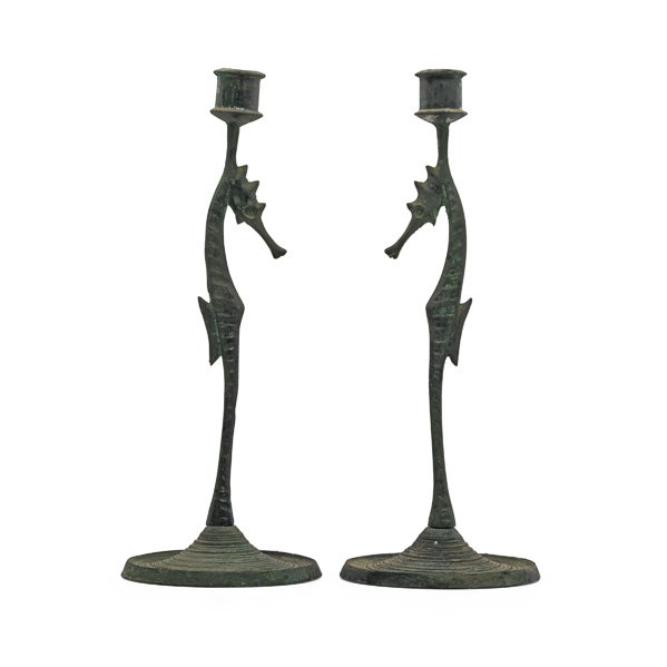 E.T. HURLEY Pair of bronze candlesticks: E.T. HURLEY (1869 - 1950) Two bronze seahorse candlesticks, Cincinnati, OH, 1916; One signed and dated; 13" x 5"