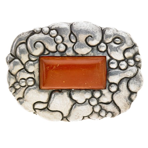 THORVALD BINDESBOLL Brooch with amber: THORVALD BINDESBOLL (1846 - 1908) H.K. KYSTER Art Nouveau brooch, Denmark, after 1904; Hammered sterling silver, amber; Stamped H.K. KYSTER with touchmarks; 3 3/4" x 2 3/4"