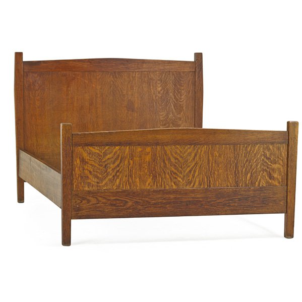 GUSTAV STICKLEY Full-size bed: GUSTAV STICKLEY Full-size bed, Eastwood, NY, ca. 1910; Red decal, partial paper label; 44 3/4" x 57 3/4" x 78 1/2"