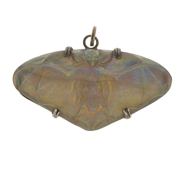 LALIQUE Bat pendant: LALIQUE Pendant, "Chauve-Souris," France, 1912; Iridescent grey glass, silver; M p. 538, no. G; Unmarked; 1" x 2"