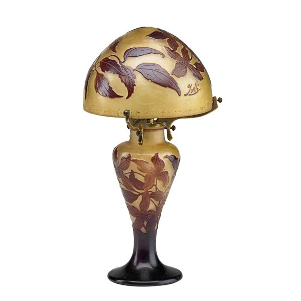 GALLE Small boudoir lamp: GALLE Small acid-etched cameo glass boudoir lamp with dogwood flowers, Nancy, France; Signed Galle on base and shade; Overall: 10 1/4" x 5 1/2"