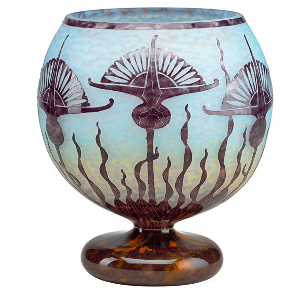 SCHNEIDER; LE VERRE FRANCAIS; Cameo coupe: CHARLES SCHNEIDER (1881 - 1953) LE VERRE FRANCAIS Large cameo glass Chardons coupe, France, ca. 1930; Signed Le Verre Francais; 9 1/4" x 8"