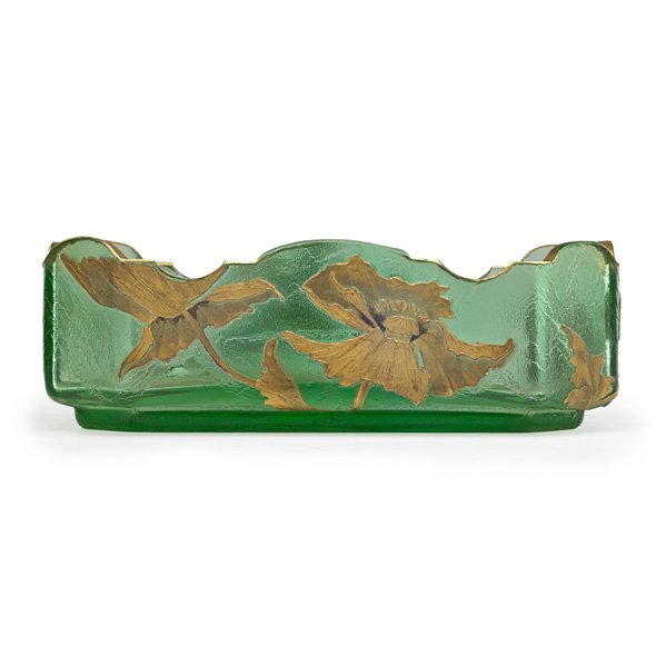 MONT JOYE Four-sided bowl: MONT JOYE Four-sided bowl gilt and acid-etched with poppies, France, ca. 1910; Factory mark; 3 3/4" x 11" x 7"