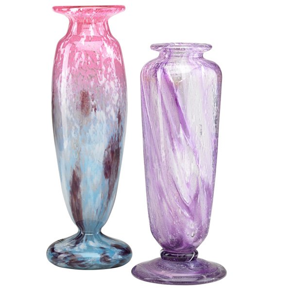 CHARLES SCHNEIDER Two glass vases: CHARLES SCHNEIDER (1881 - 1953) Two tall glass vases, France, ca. 1930; Both marked; Taller: 14 1/2"