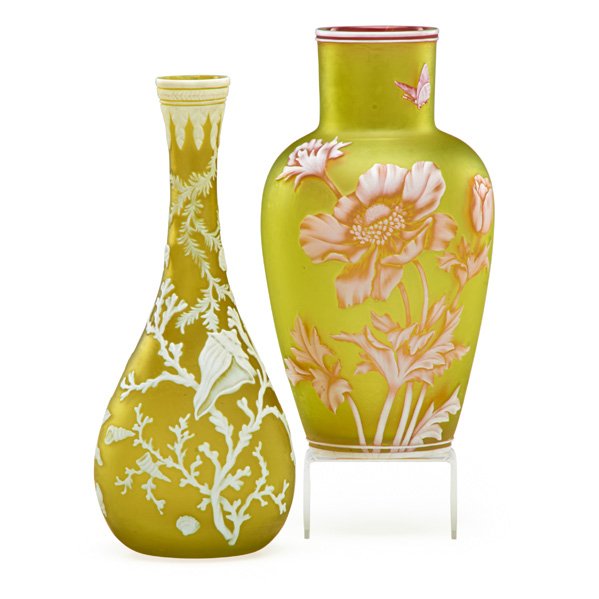 THOMAS WEBB & SONS (Attr.) Two cameo glass vases: THOMAS WEBB & SONS (Attr.) Two cameo glass vases, one with butterflies, England, ca. 1890; Unmarked; 10", 9"