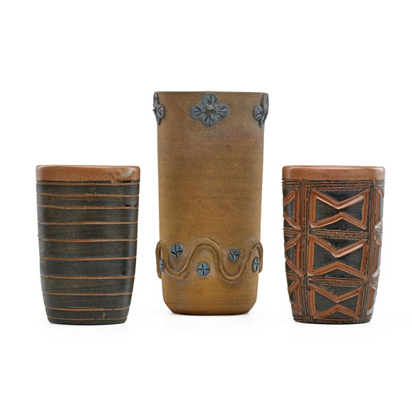 SCHEIER; HAL LASKY Three early vessels: EDWIN SCHEIER (1910 - 2008) MARY SCHEIER (1908 - 2007) HAL LASKY Three vessels with incised and applied decoration, tallest by the Scheiers, two cups by Hal Lasky at Puerto Rican Pottery; All marked,