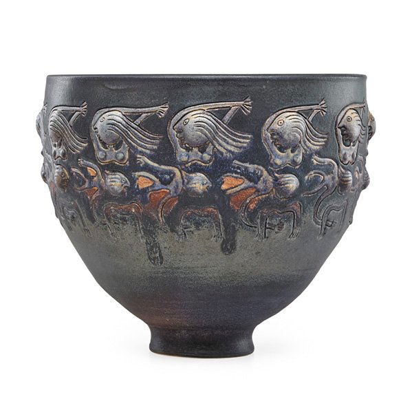 SCHEIER Massive bowl, manganese glaze: EDWIN SCHEIER (1910 - 2008) MARY SCHEIER (1908 - 2007) Massive bowl with figures, manganese glaze, Green Valley, AZ, 1991; Signed and dated; 11 3/4" x 14 1/2" Provenance: Collection of Burt Cureton an