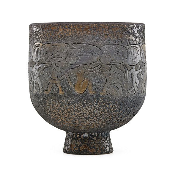 SCHEIER Footed vessel: EDWIN SCHEIER (1910 - 2008) MARY SCHEIER (1908 - 2007) Footed vessel with interlaced figures, bronze volcanic glaze, Green Valley, AZ, 1988; Signed and dated; 9 1/2" x 8 1/2" Provenance: Collection of