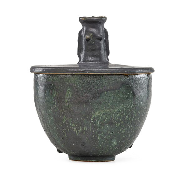 SCHEIER Lidded bowl: EDWIN SCHEIER (1910 - 2008) MARY SCHEIER (1908 - 2007) Lidded bowl with female finial, green and gunmetal glaze, Green and Valley, AZ; Signed; 10" x 8" Provenance: Collection of Burt Cureton and Chery