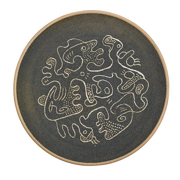 SCHEIER Charger: EDWIN SCHEIER (1910 - 2008) MARY SCHEIER (1908 - 2007) Charger with wax resist decoration, magnetized glaze, Green Valley, AZ, Signed; 13" dia. Provenance: Collection of Burt Cureton and Cheryl Traige