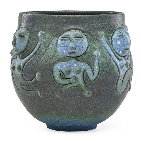 SCHEIER Vessel, verdigris and blue glaze: EDWIN SCHEIER (1910 - 2008) MARY SCHEIER (1908 - 2007) Vessel with figures in relief, gunmetal, verdigris and blue glaze, Green Valley, AZ, 1990; Signed and dated; 7" x 7" Provenance: Collection of Bu