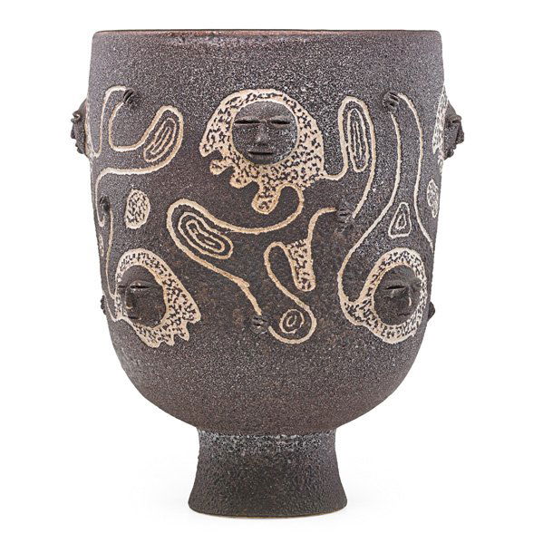 SCHEIER Footed vessel: EDWIN SCHEIER (1910 - 2008) MARY SCHEIER (1908 - 2007) Footed vessel, magnetized volcanic glaze, Green Valley, AZ, 1988; Signed and dated; 11 1/2" x 9 1/4" Provenance: Collection of Burt Cureton and C