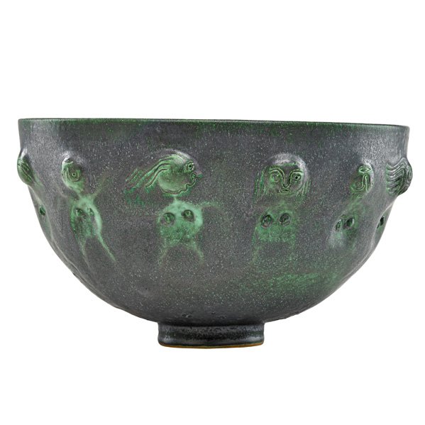 SCHEIER Bowl with figures: EDWIN SCHEIER (1910 - 2008) MARY SCHEIER (1908 - 2007) Bowl with figures, verdigris glaze, Green Valley, AZ, 1998; Signed and dated; 6 3/4" x 12" Provenance: Collection of Burt Cureton and Cheryl Trai