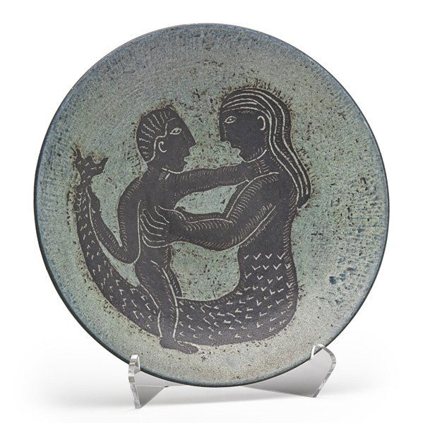 EDWIN & MARY SCHEIER Low bowl: EDWIN SCHEIER (1910 - 2008) MARY SCHEIER (1908 - 2007) Low bowl with man and mermaid, New Hampshire, 1950s; Signed; 15" dia.