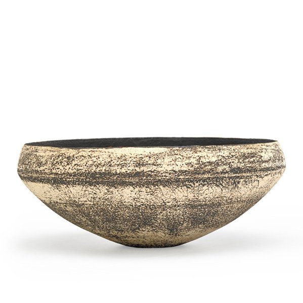 HANS COPER Stoneware bowl: HANS COPER (1920 - 1981) Stoneware bowl with interior resist design, manganese glaze and porcelain slip, England, 1950s; Artist's chopmark; 2 3/4" x 7" Provenance: Jeffrey Spahn Gallery