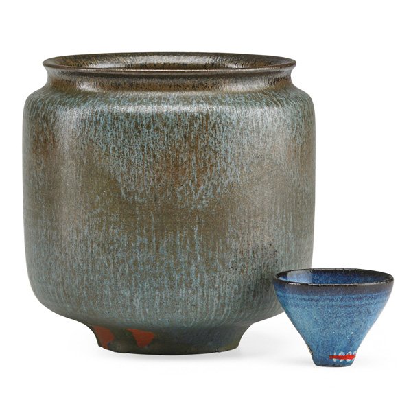 OTTO AND GERTRUD NATZLER Vessel and miniature: OTTO NATZLER (1908 - 2007) GERTRUD NATZLER (1908 - 1971) Straight-walled vessel, brown and blue hare's fur glaze and miniature bowl, Los Angeles, CA, 1961/1966; Vase signed NATZLER, paper label L322, 