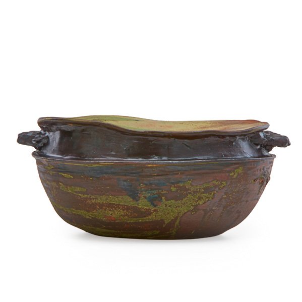 TOSHIKO TAKAEZU Rare Garden Seat: TOSHIKO TAKAEZU (1922 - 2011) Rare and early hand-built glazed stoneware Garden Seat with rattle, Clinton, NJ, 1966; Signed TT; 9" x 15 1/2" Exhibition: Tag from 1966; Provenance: Acquired from the ar