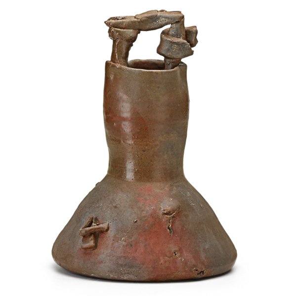 ROBERT TURNER Small vessel with applied elements: ROBERT TURNER (1913 - 2005) Reduction-fired stoneware vessel with applied elements, Shino glaze, Alfred, NY; Signed; 10" x 6 3/4" Provenance: The Henry Bauer Collection
