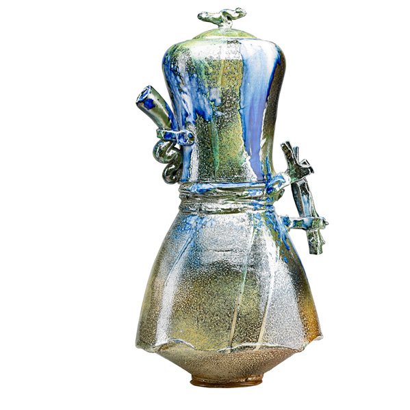 DON REITZ Exceptional covered vessel: DON REITZ (b. 1929) Tall and exceptional salt-glazed stoneware covered vessel, rare crystalline glaze, Arizona; Signed; 22 1/2" x 10 1/2" Provenance: Collection of Burt Cureton and Cheryl Traiger, Gre