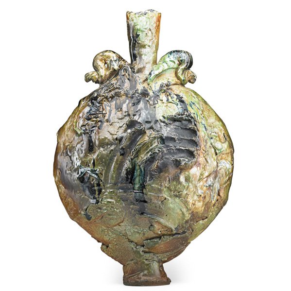 DON REITZ Tall glazed stoneware vessel: DON REITZ (b. 1929) Tall glazed stoneware vessel with applied elements, Alfred, NY; Signed; 27" x 17 1/2"