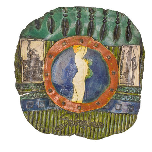 ERIK GRONBORG Large charger, "Suburban": ERIK GRONBORG Large glazed, raku-fired, and hand-built ceramic charger, "Suburban"; Signed; 4" x 24" Note: Made by the artist for his wife during her pregnancy