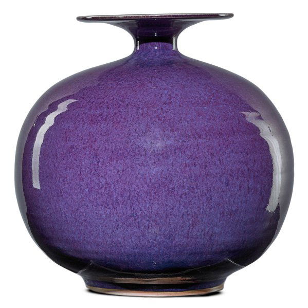 BROTHER THOMAS BEZANSON Porcelain bulbous vase: BROTHER THOMAS BEZANSON (1929 - 2007) Porcelain bulbous vase, mottled purple glaze, Weston, VT, before 1982; Incised, Benedictine Monks, Weston VT; 9 1/4" x 8 1/2"