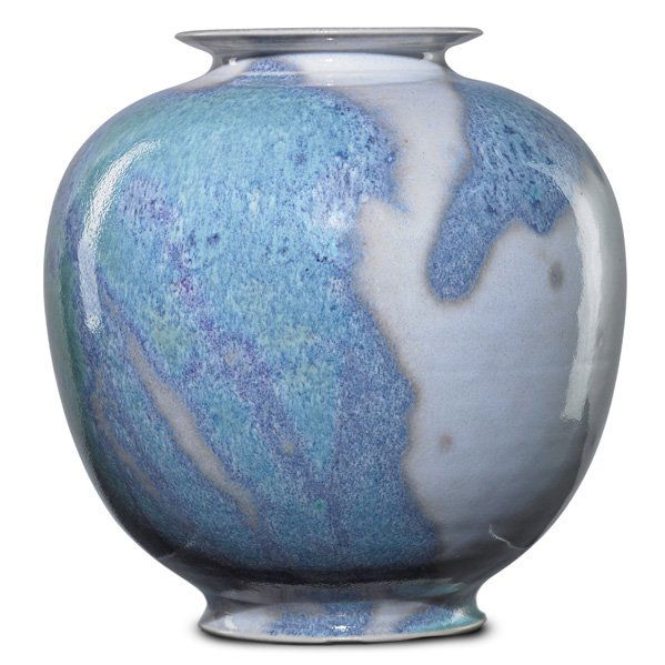 BROTHER THOMAS BEZANSON Porcelain vase: BROTHER THOMAS BEZANSON (1929 - 2007) Porcelain vase, verdigris and white glaze, Weston, VT, before 1990; 3014/25, twig cipher; 8" x 7"