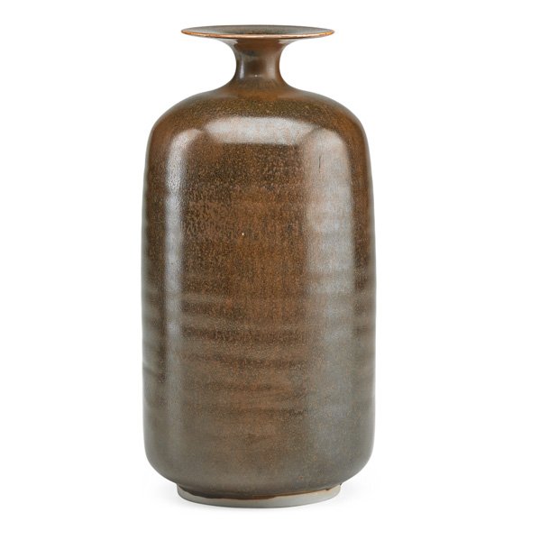 BROTHER THOMAS BEZANSON Porcelain bottle: BROTHER THOMAS BEZANSON (1929 - 2007) Porcelain bottle, tea dust over caramel glaze, Weston, VT, before 1982; Incised Benedictine Monks, twig cypher; 8 1/4" x 4"