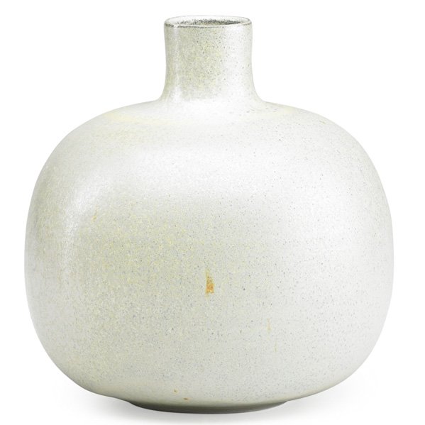 BROTHER THOMAS BEZANSON Porcelain vase, celadon: BROTHER THOMAS BEZANSON (1929 - 2007) Porcelain vase, pale celadon luster crystalline glaze, Weston, VT, before 1982; Incised Benedictine Monks, twig cypher Val; 7" x 6"